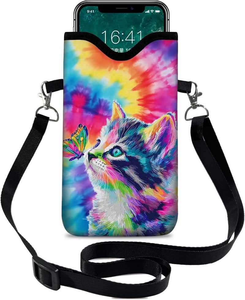 otilil Neoprene Cell Phone Sleeve Pouch Case Bag with Crossbody Strap Neck Lanyard for Women 7.1 X 3.9 in Tie Dye Cat - Image 1